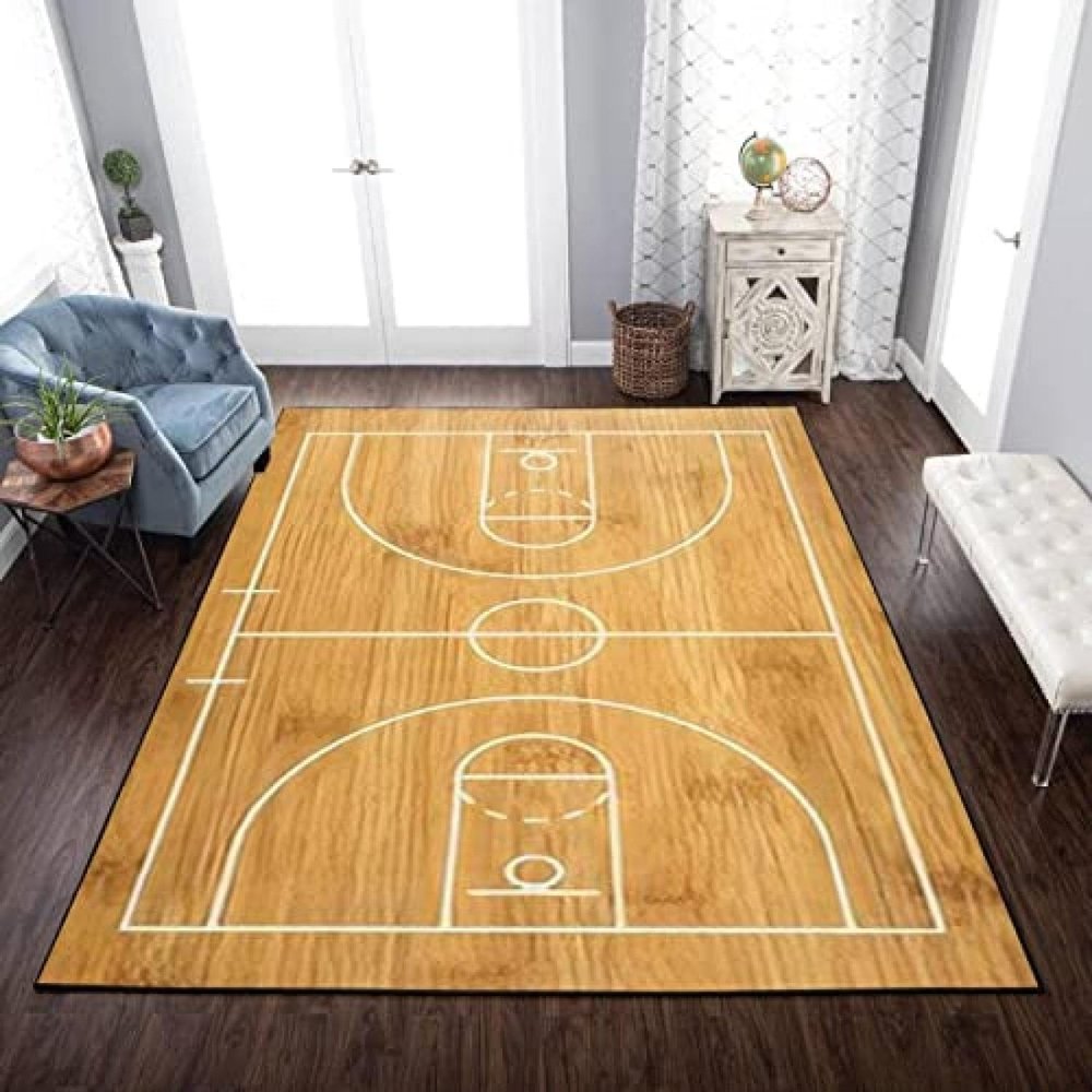Basketball Court Area Rug, Floor Wood Texture Indoor Kids Carpet, Non-Slip Machine Washable Soft Comfortable Durable Rug for Bedroom Corridor Living Room Kid Boys Room 4ftx6ft