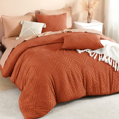 Litanika California King Comforter Set Burnt Orange, 3 Pieces Terracotta Tufted Boho Farmhouse Bedding Comforter Sets, Lightweight Fluffy All Season Comforter Set (104x96In Comforter & 2 Pillowcases)