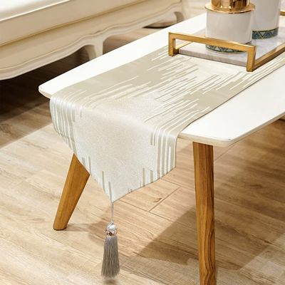 Jiino Beige Table Runner 120 Inches Long, Elegant Handmade Embroidery Striped Dining Table Runners with Tassels for Dining Room Dresser Holiday Banquet Decoration