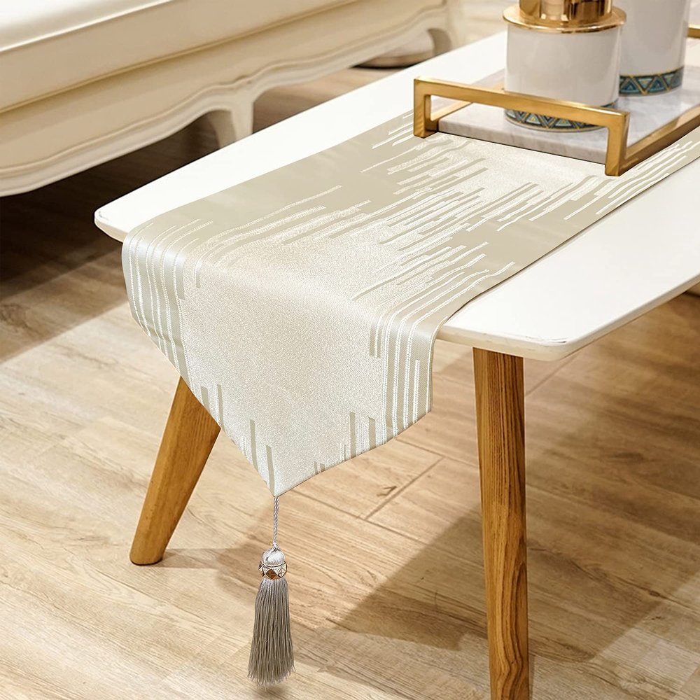 Jiino Beige Table Runner 120 Inches Long, Elegant Handmade Embroidery Striped Dining Table Runners with Tassels for Dining Room Dresser Holiday Banquet Decoration