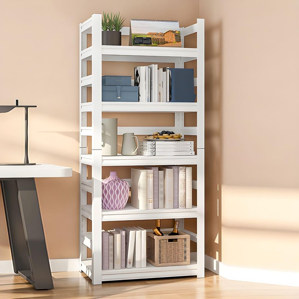KWOKING Rectangle Standard Bookshelf Scandinavian Metal Bookcase Office Bookshelf Multi-Layer Picture Book Rack Balcony Storage Shelf Wrought Iron Bookcase Floor Shelf White 27.6" L x 11.8" W x 63" H