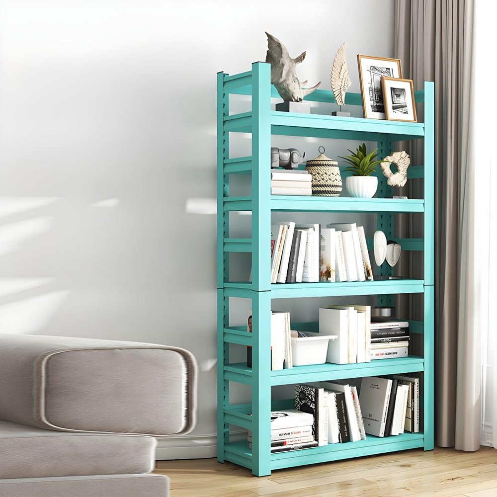 KWOKING Rectangle Standard Bookshelf Scandinavian Metal Bookcase Office Bookshelf Multi-Layer Picture Book Rack Balcony Storage Shelf Wrought Iron Bookcase Floor Shelf Blue 23.6" L x 11.8" W x 63" H