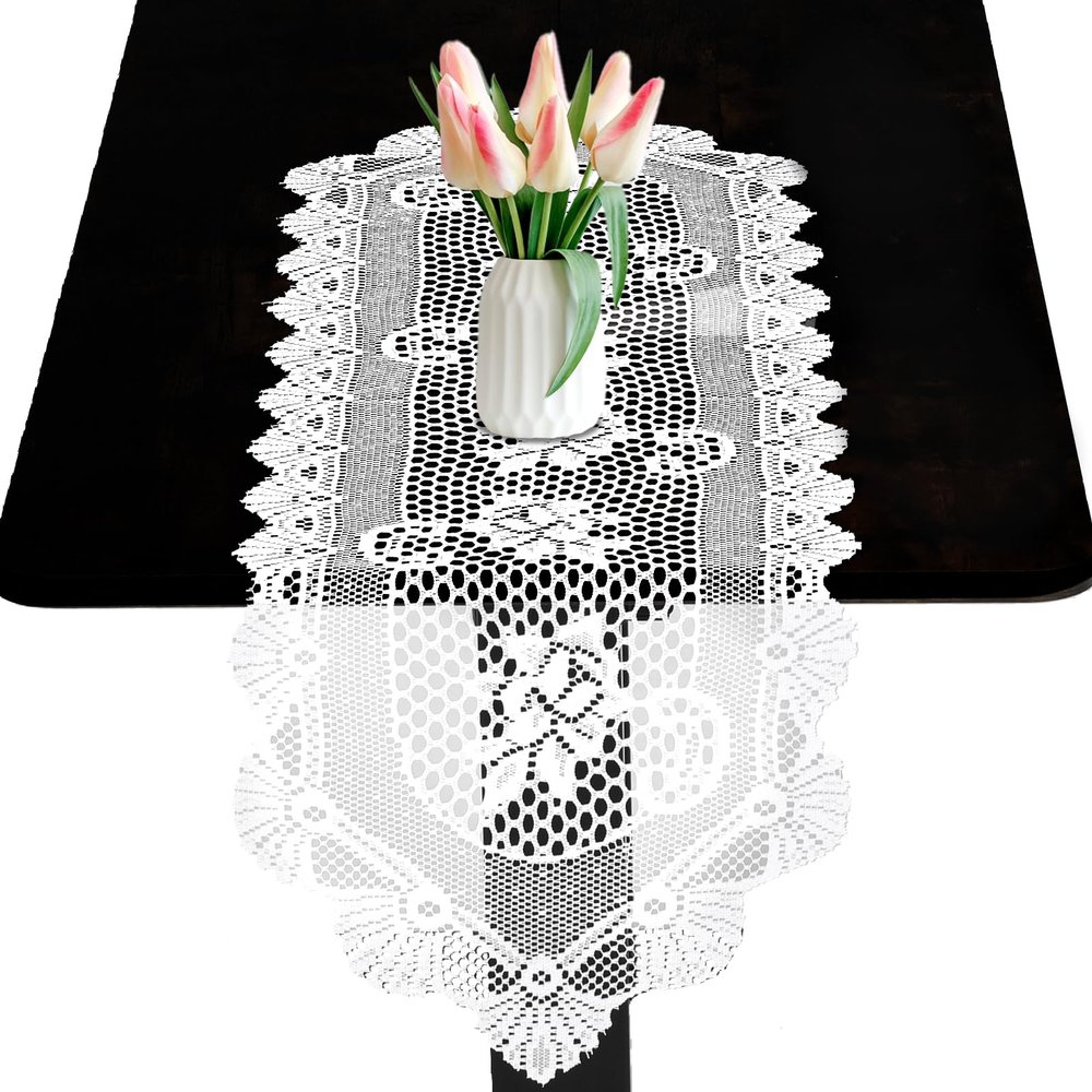 2 PCS Lace Table Runner 45" X 13" Floral Embroidered Lace Runner for Tables White Table Doilies Cover for Wedding Bridal Shower Baby Shower Party Table Decoration
