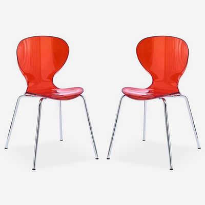 Etlegor Modern Oyster Side Chair Set of 2, Acrylic Kitchen Dining Chair Stackable Crystal Chair Armless Event Chair Chrome Frame for Dining Room, Living Room, Kitchen (Color : Red, Size : 2PCS)