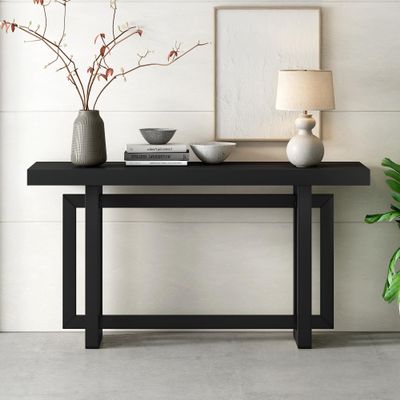 HZSSDTKJ Contemporary Console Table with Industrial-Inspired Concrete Wood Top, Versatile Buffet Sideboard, Extra Long Entryway Table for Entryway, Hallway, Living Room, Foyer, Corridor (Black-01)