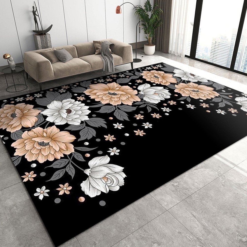 ELLECO White Pink Gray Roses Area Rugs, Peony Flower Art Indoor Non-Slip Kids Rug, Upholstery Rug with Non-Slip Backing for Kids Boys Girls Bedroom Living Room Dining Room Study 5ftx8ft