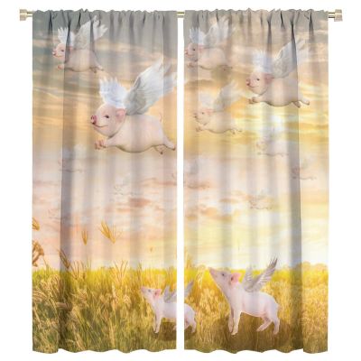 INSFBRB Funny Pigs Curtains for Living Room, Oil Painting Cute Rustic Farmhouse Country Flying Wings Pig Rod Pocket Thermal Insulated,Noise Reduction 2 Panels 63" L x 27.5" W