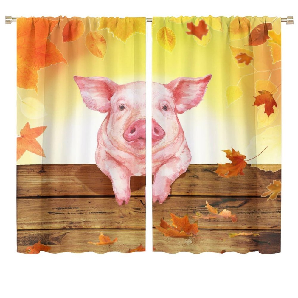 Fall Funny Pigs Curtains Country Rustic Orange Maple Leaf Wooden Door Barn Pigs Window Drapes Rod Pocket Curtains Darkening Thermal Insulated for Living Room 2 Panels 63" L x 36" W