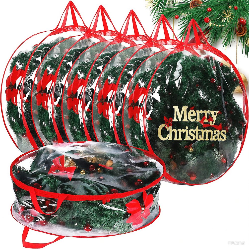 Shappy 6 Pieces Christmas Wreath Storage Container 30 Inch Wreath Plastic Storage Bags with Dual Zippers and Handles for Xmas Thanksgiving Holiday Artificial (Clear,Red)