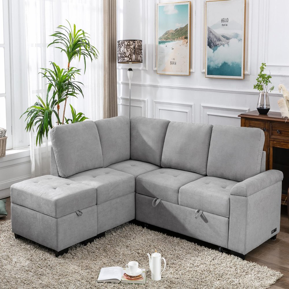 BSYEIO 87.4'' Sleeper Sectional Sofa Bed for Living Room L- Shaped Sofa Couch with Storage Ottoman, Velvet Corner Sofa, Pull Out Sofa Bed & USB Charger for Home Office Apartment -Grey