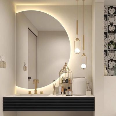 UkewEi 100cm Half Moon LED Lighted Mirror Anti-Fog Bathroom Mirror Half Circle Frameless Wall Mounted Vanity Mirror for Hotel Bathroom Bedroom, 3-Color Dimmable (Color : Left Cut, Size : 70 * 100cm)
