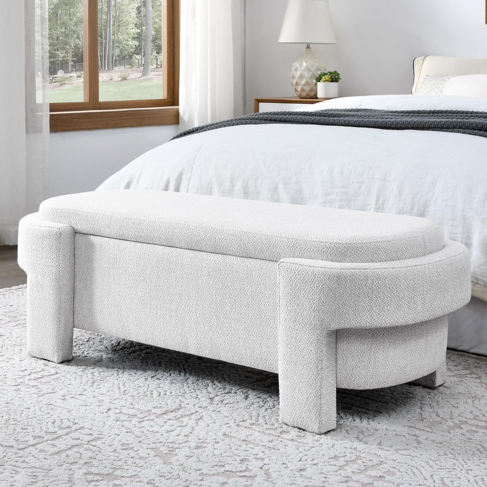 mikibama Linen Bedroom Storage Ottoman Bench End of Bed Upholstered Oval Bed End Bench with Storage and Seating,Large Oval Window Entryway Storage Bench,Footrest Ottoman Stools (Cream White)