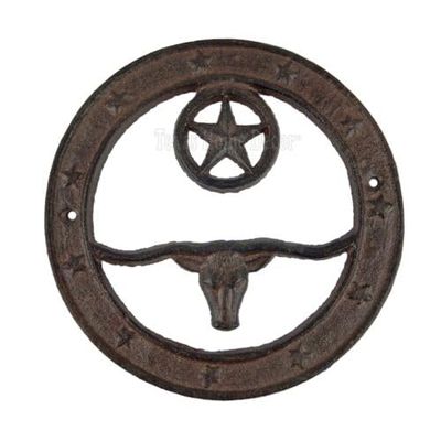 Vintage Bull Star Sign Plaque Circle Cast Iron Rustic Western Texas Decor 6.5 inch