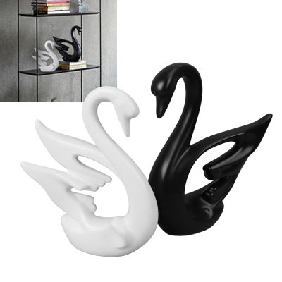 BEIJIALY 2Pcs Swan Sculpture Decor, Pair of Swans Figurines Black White Animal Collectible Figurine Ceramic Decorative Swan Figure Modern Swan Decor for Bedroom Office Shelf