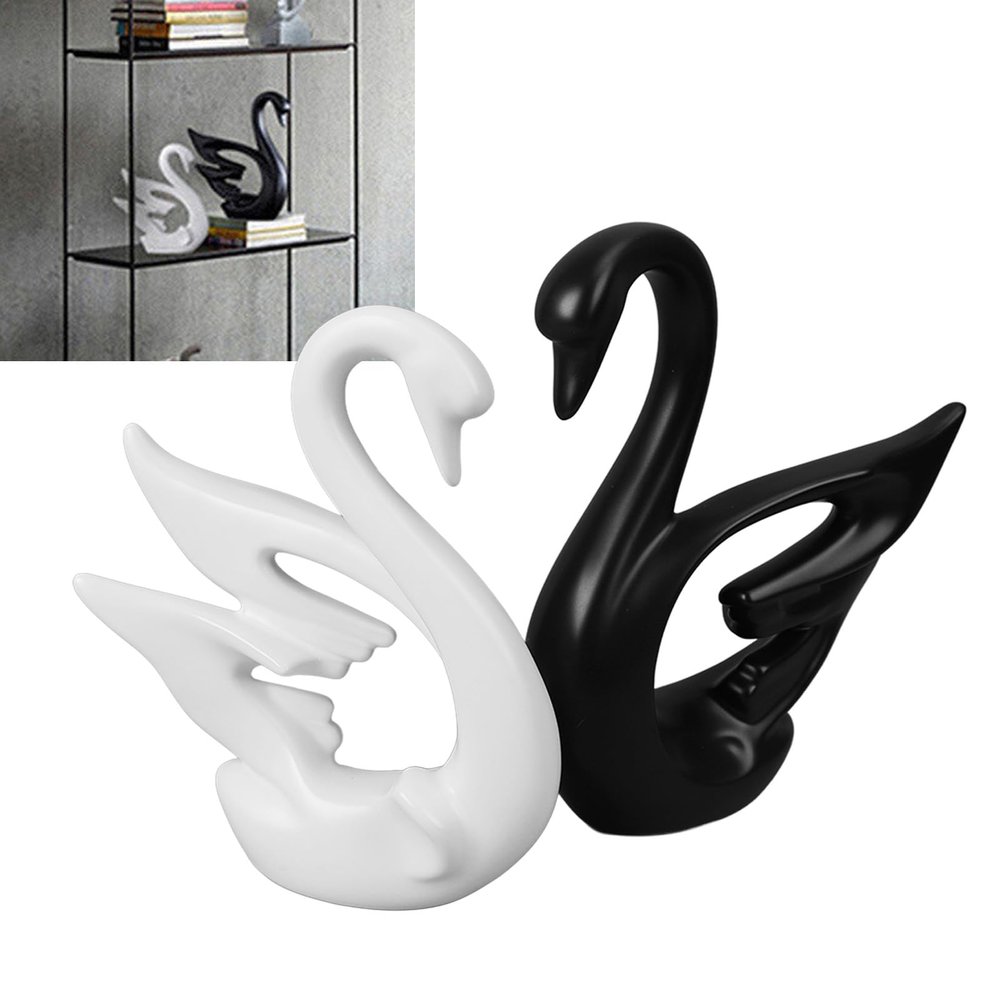 BEIJIALY 2Pcs Swan Sculpture Decor, Pair of Swans Figurines Black White Animal Collectible Figurine Ceramic Decorative Swan Figure Modern Swan Decor for Bedroom Office Shelf