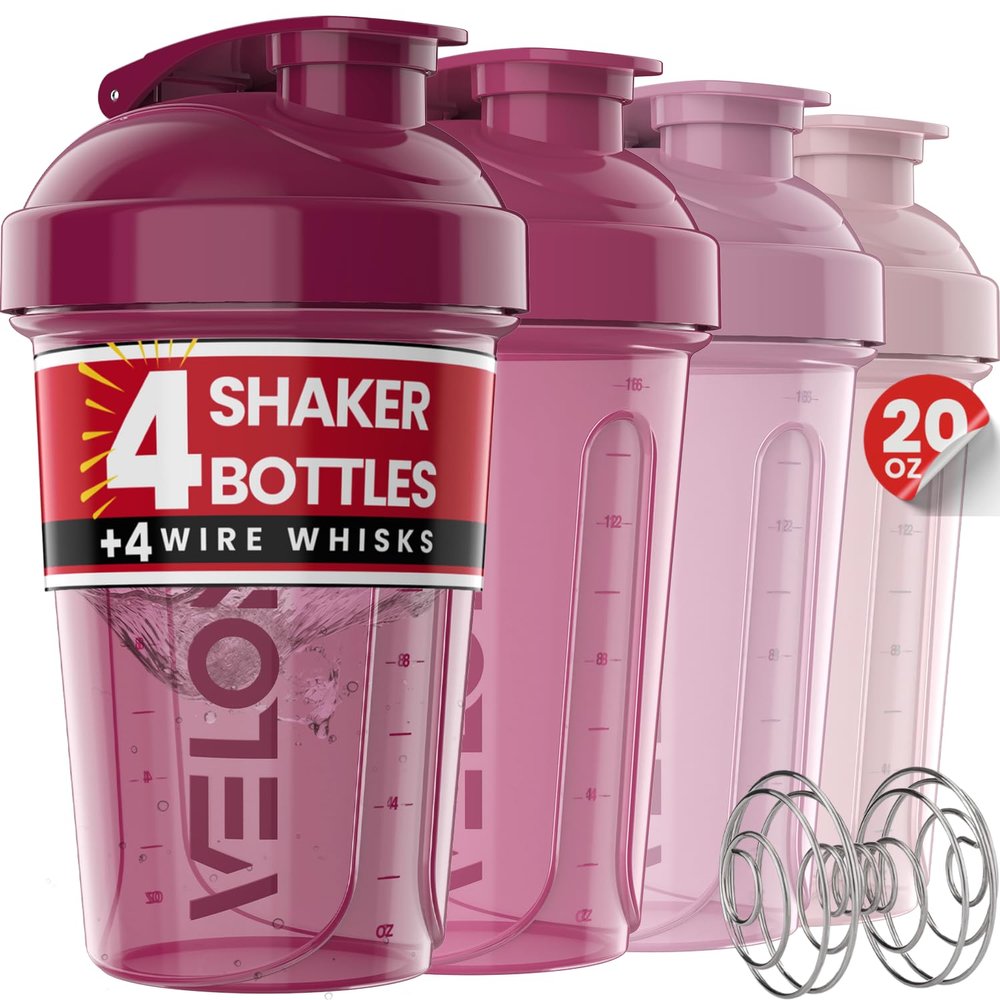 VELOMIX 4 Pack 20oz Protein Shaker Bottle for Protein Mixes, Berry Blend