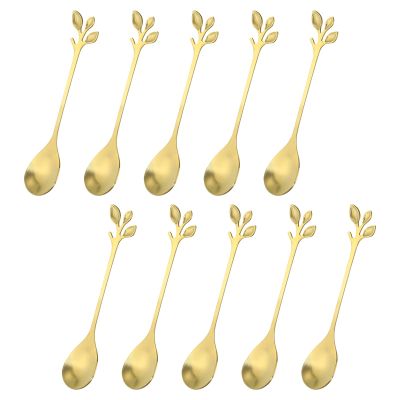uxcell 10Pcs Stainless Steel Leaf Coffee Spoon 4.8" Small Tableware Dessert Spoons Stirring Mixing Spoons for Ice Tea, Coffee, Dessert, Gold