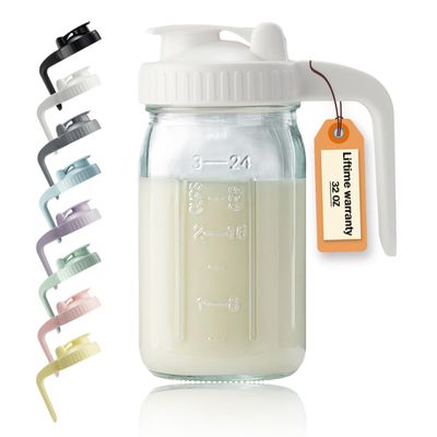 32oz Glass Pitcher with Lid & V-shaped Pour Spout - 1 Quart Breastmilk Pitcher Double Leak Proof, Creamer Container for Sun Tea, Juice, Cold Brew Coffee, Breastmilk Storage Container