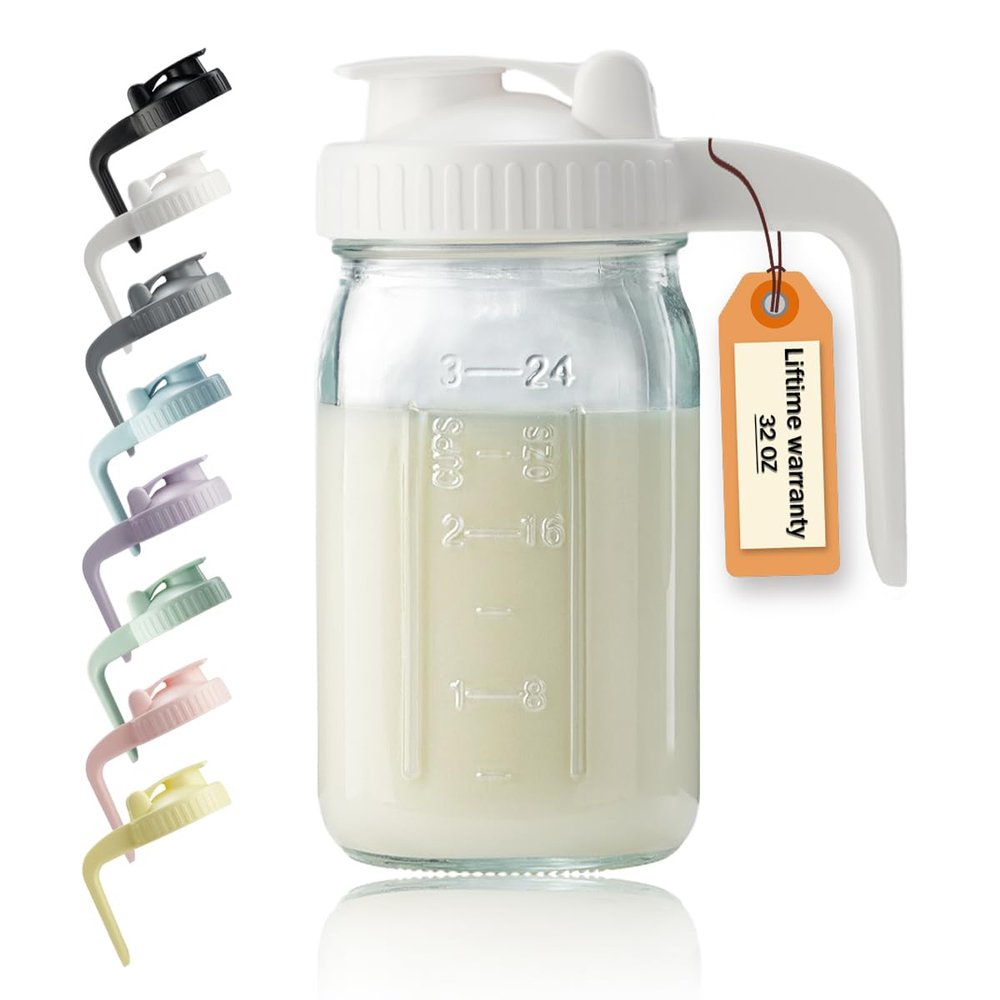 32oz Glass Pitcher with Lid & V-shaped Pour Spout - 1 Quart Breastmilk Pitcher Double Leak Proof, Creamer Container for Sun Tea, Juice, Cold Brew Coffee, Breastmilk Storage Container