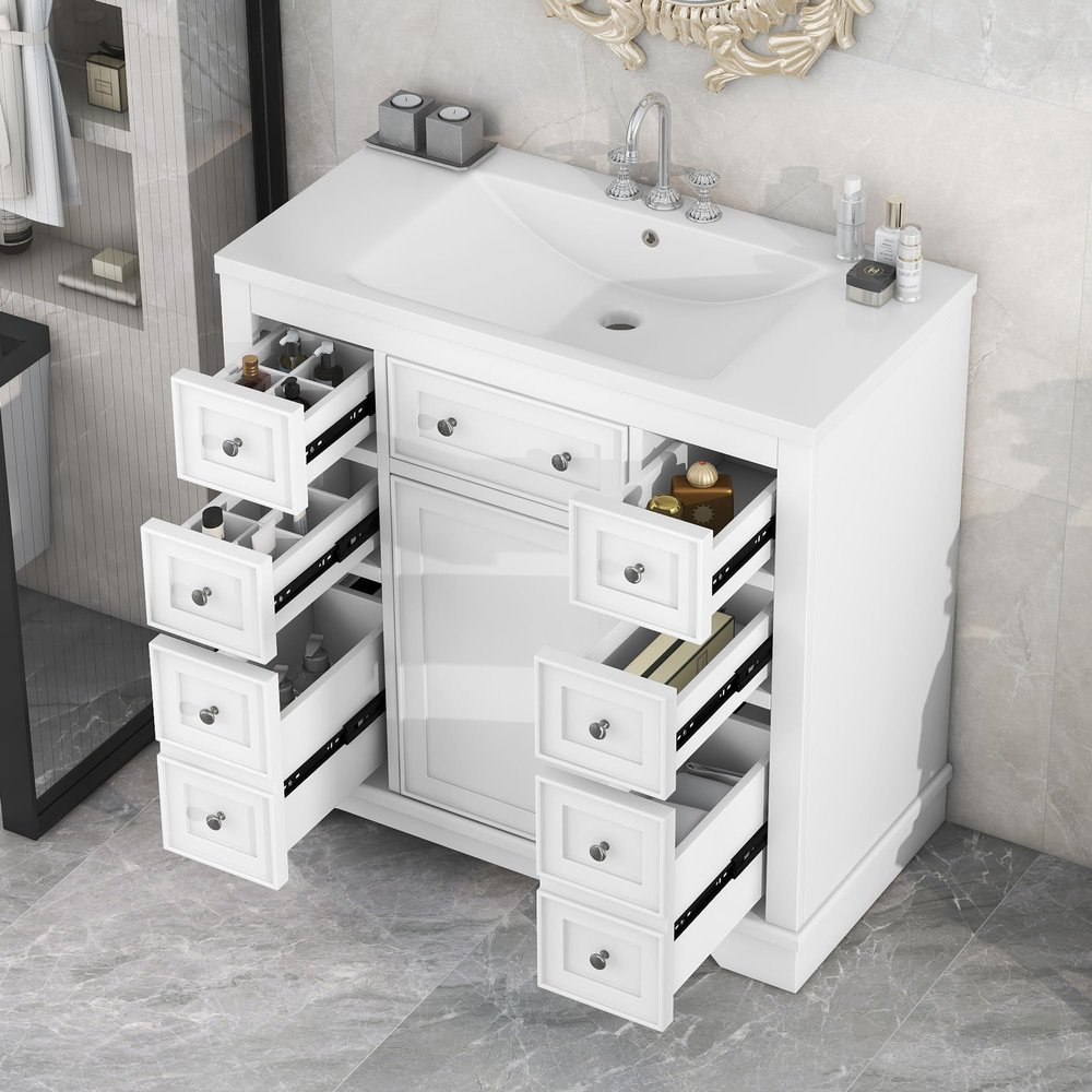 JIVOIT Modern 36" Bathroom Vanity with Ceramic Sink, Solid Wood Bathroom Vanity Set with Six Drawers, Cabinet and Adjustable Shelf, Silver Round Knobs, Stainless Steel Hinges