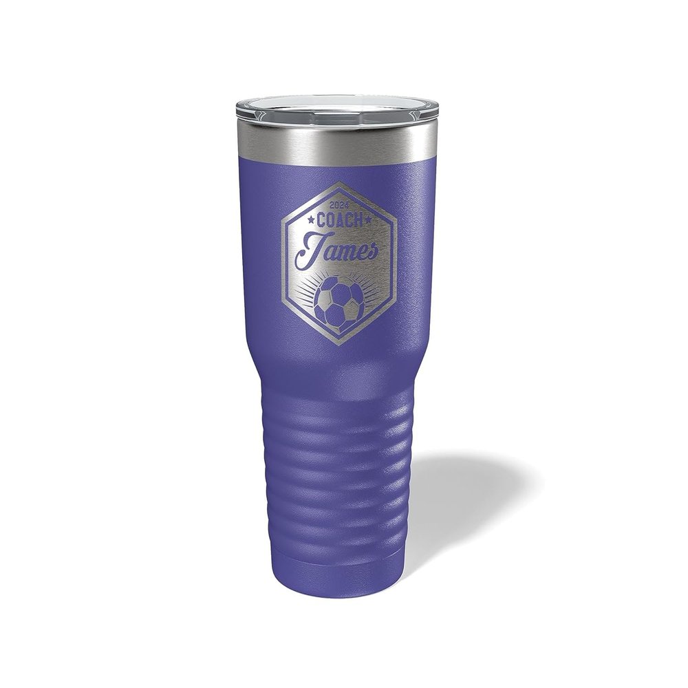 Alterd Industries Coach Gift - Soccer Coach | insulated tumbler with lid | travel coffee mug | Girls Soccer | gifts for coaches (Wine Tumbler) (Hexagon Soccer, Purple, 30oz Tumbler)