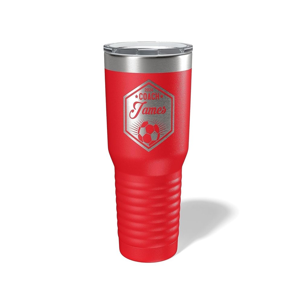Alterd Industries Coach Gift - Soccer Coach | insulated tumbler with lid | travel coffee mug | Girls Soccer | gifts for coaches (Wine Tumbler) (Hexagon Soccer, Red, 30oz Tumbler)