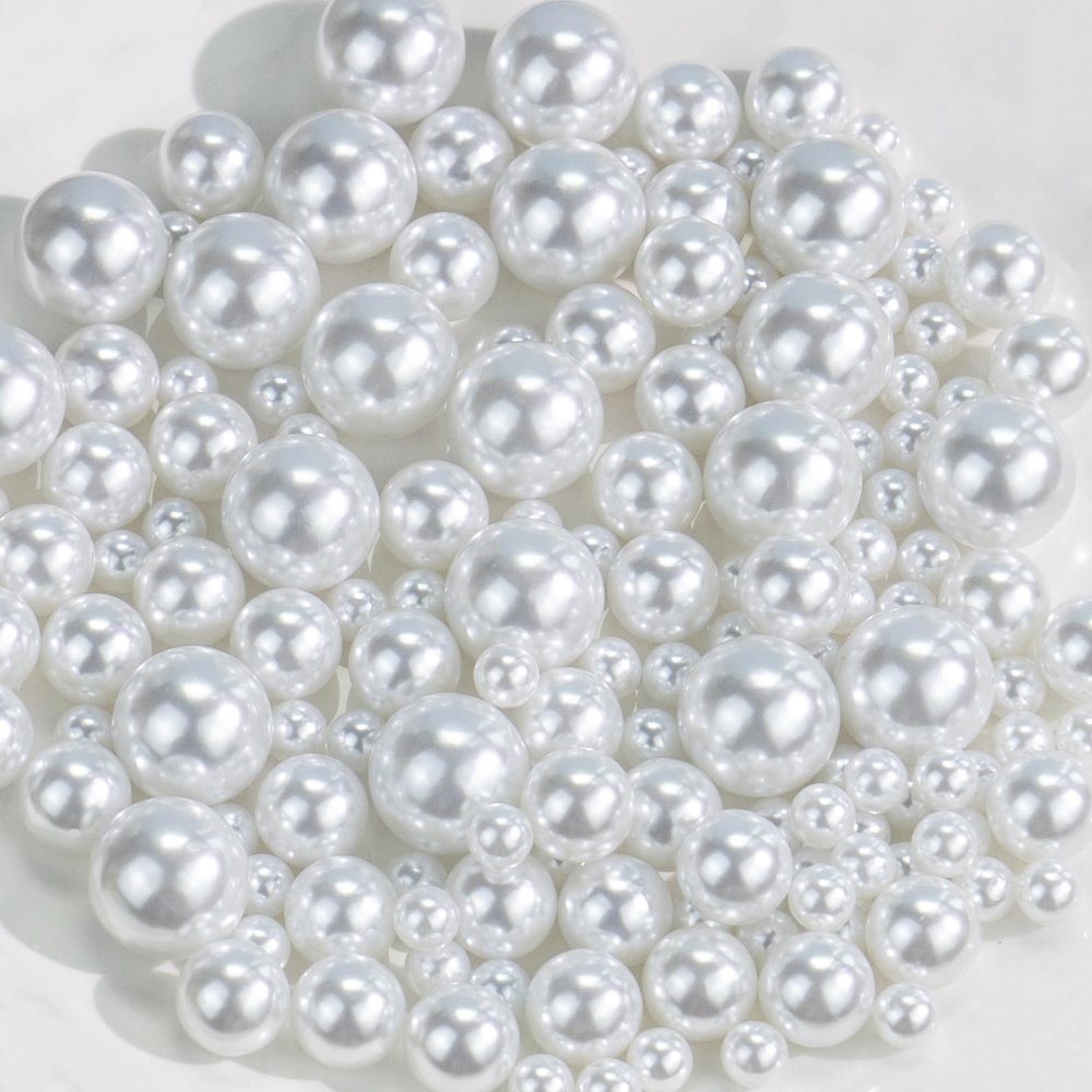 Cusmation 150Pcs White Polished No Hole Faux Pearl Beads for Vase Filling Decorations, Plastic Pearls Vase Fillers, Table Scatters, Wedding Centerpiece, Home Decor, 8/14/20 mm