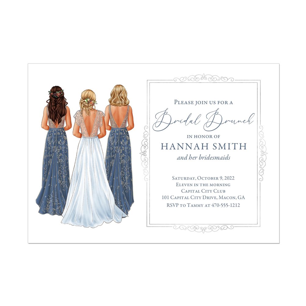 Bridal Shower Brunch Invitation with Bride and Bridesmaids and silver border, Colors and hair can be adjusted