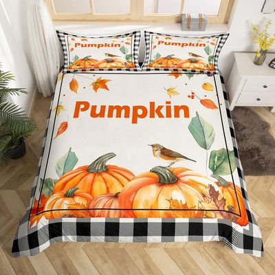 Pumpkin Bedding Set Full Size,Farmhouse Style Fall Leaves Thanksgiving Duvet Cover for Girls Women Boys,Lattice Buffalo Plaid Bed Set,Autumn Harvest Decorations Rustic Farm Plant Quilt Cover