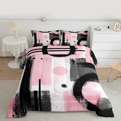 Feelyou Kids Abstract Art Comforter Set Full Size Geometric Bedding Set for Boys Girls Teens Bedroom Decor Geometric Pink Grey Black Comforter Women Men Modern Duvet Set with 2 Pillow Case