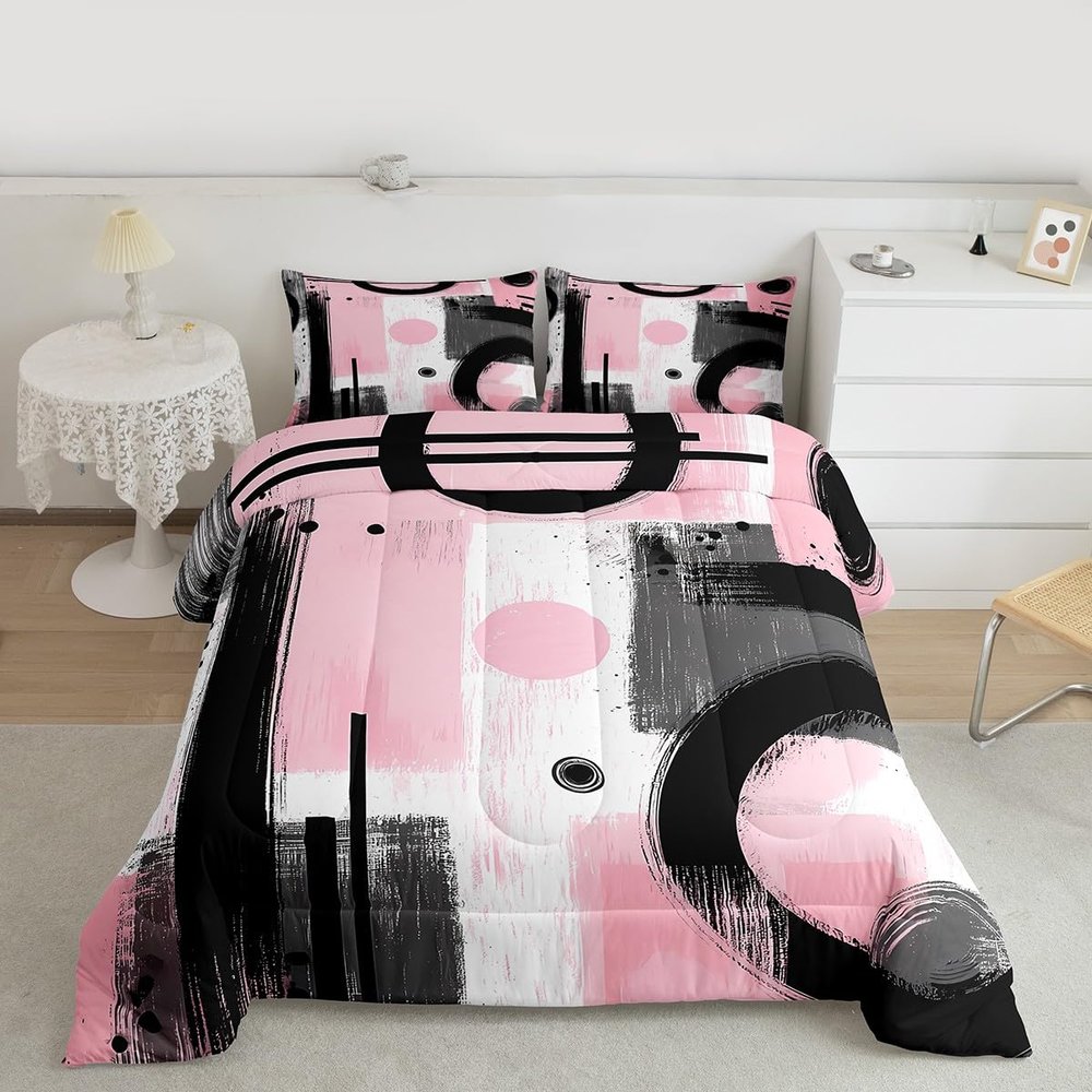 Feelyou Kids Abstract Art Comforter Set Full Size Geometric Bedding Set for Boys Girls Teens Bedroom Decor Geometric Pink Grey Black Comforter Women Men Modern Duvet Set with 2 Pillow Case