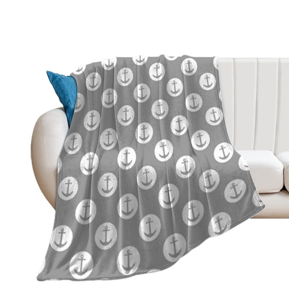 Soft Plush Throw Blankets, Anchor Gray Polka Dot Grey Nautical Blankets Cozy Warm Flannel Blankets All-Season for Sofa Couch Bed, 60" X 80"