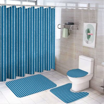4pcs Shower Curtain Sets, Blue and White Stripes Bathroom Sets with Shower Curtain, Bath Rug, U Shaped Contour Mat & Toilet Lid Cover