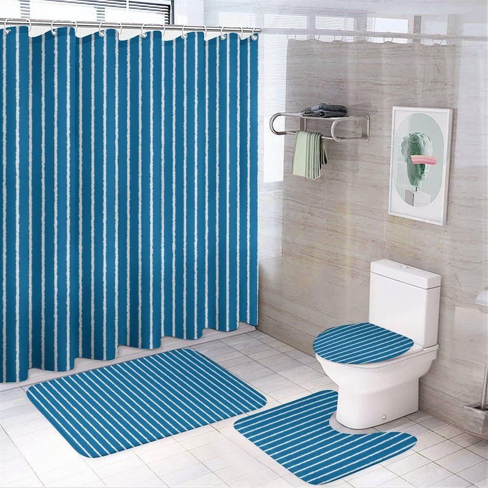 4pcs Shower Curtain Sets, Blue and White Stripes Bathroom Sets with Shower Curtain, Bath Rug, U Shaped Contour Mat & Toilet Lid Cover