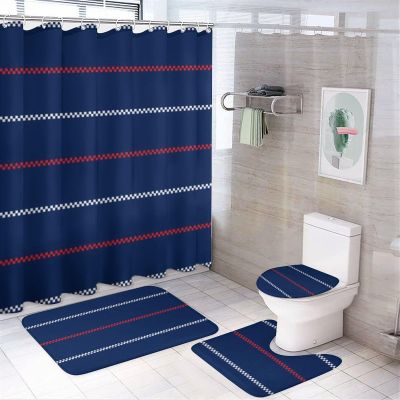 4pcs Shower Curtain Sets, Blue Red White Pattern Design Bathroom Sets with Shower Curtain, Bath Rug, U Shaped Contour Mat & Toilet Lid Cover