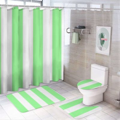 4pcs Shower Curtain Sets, Mint Green and White Stripe Pattern Bathroom Sets with Shower Curtain, Bath Rug, U Shaped Contour Mat & Toilet Lid Cover