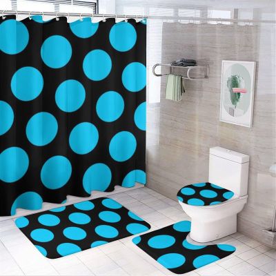 4pcs Shower Curtain Sets, Black and Aqua Polka Dots Bathroom Sets with Shower Curtain, Bath Rug, U Shaped Contour Mat & Toilet Lid Cover