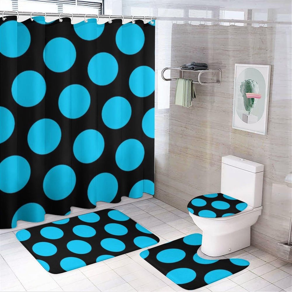 4pcs Shower Curtain Sets, Black and Aqua Polka Dots Bathroom Sets with Shower Curtain, Bath Rug, U Shaped Contour Mat & Toilet Lid Cover