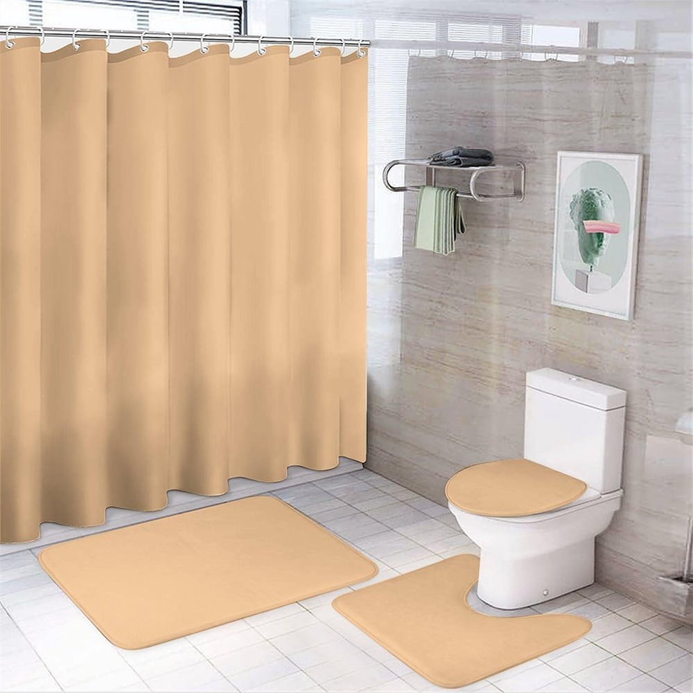 4pcs Shower Curtain Sets, Pastel Pink Peach Bathroom Sets with Shower Curtain, Bath Rug, U Shaped Contour Mat & Toilet Lid Cover