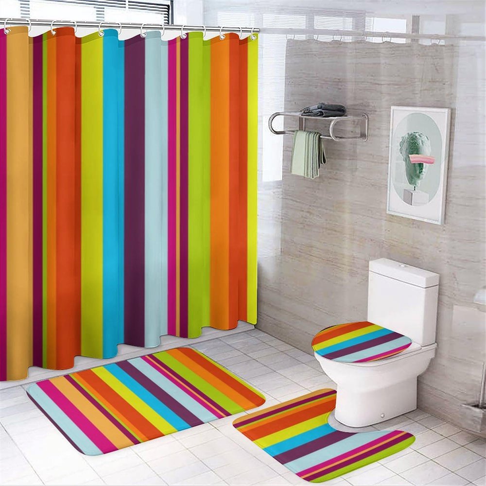 4pcs Shower Curtain Sets, Colorful Stripe Pattern Bathroom Sets with Shower Curtain, Bath Rug, U Shaped Contour Mat & Toilet Lid Cover