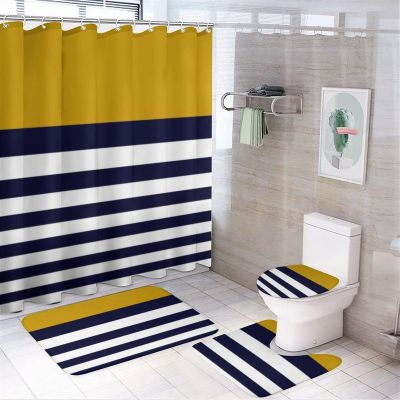4pcs Shower Curtain Sets, Nautical Stripes Bathroom Sets with Shower Curtain, Bath Rug, U Shaped Contour Mat & Toilet Lid Cover