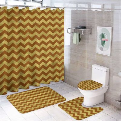 4pcs Shower Curtain Sets, Gold and Brown Zig Zag Bathroom Sets with Shower Curtain, Bath Rug, U Shaped Contour Mat & Toilet Lid Cover