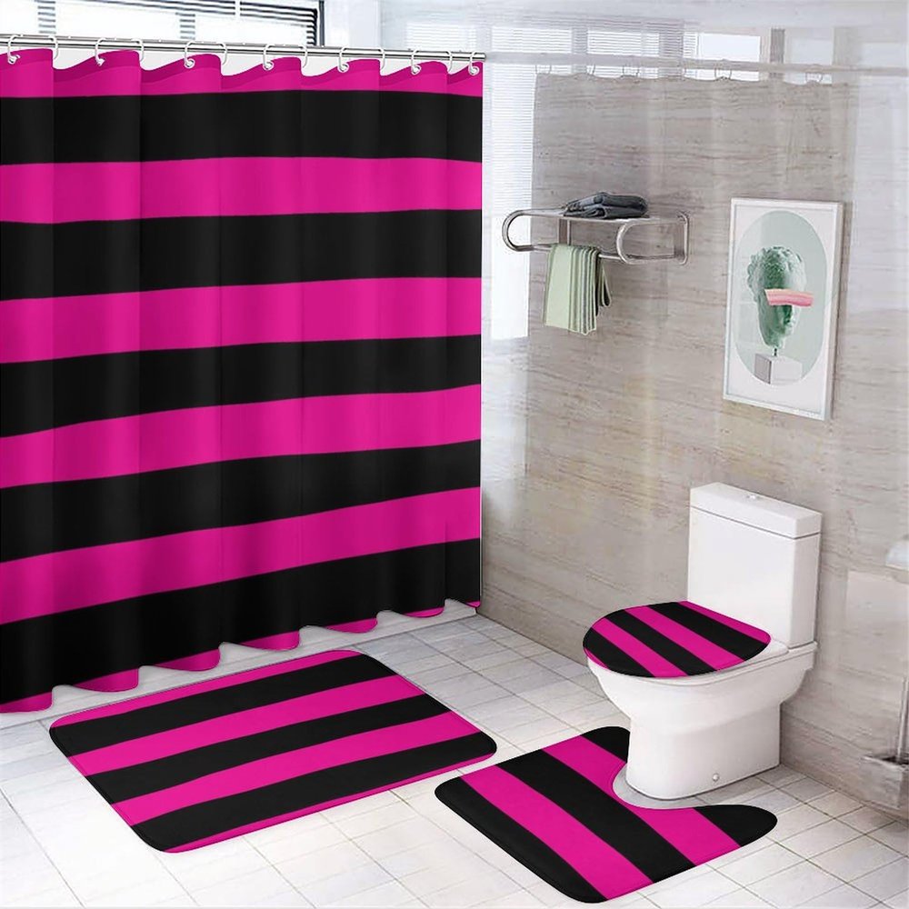 4pcs Shower Curtain Sets, Stripe Hot Pink and Black Bathroom Sets with Shower Curtain, Bath Rug, U Shaped Contour Mat & Toilet Lid Cover
