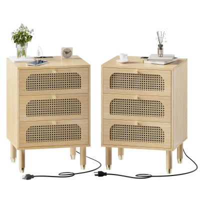 VINGLI Rattan Nightstands Set of 2 with Charging Station, 19" W x 27" H Nightstand 3 Drawer Set of 2, Boho Nightstand/End Table, Rattan Bed Side Table for Bedroom(Oak, 2 Pack)