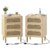 VINGLI Rattan Nightstands Set of 2 with Charging Station, 19" W x 27" H Nightstand 3 Drawer Set of 2, Boho Nightstand/End Table, Rattan Bed Side Table for Bedroom(Oak, 2 Pack) view 1