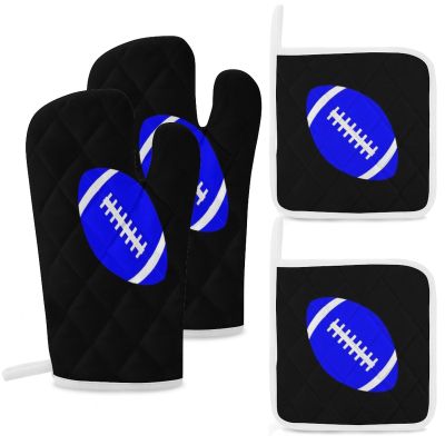 4Pcs Oven Mitts and Pot Holders, Blue and Black Football Heat Resistant Oven Mitts Gloves Set Kitchen Hot Pads for Cooking Grill