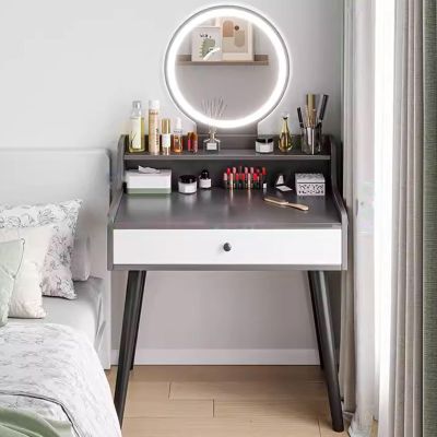 BABLO Vanity Desk with Mirror and Lights and Storage Drawers, Made of MDF with Solid Wood Legs, Double Open Storage Rack for Small Bedrooms for Ladies and Girls (Color : Gray)