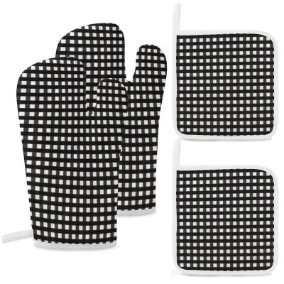 4Pcs Oven Mitts and Pot Holders, Black Gingham Heat Resistant Oven Mitts Gloves Set Kitchen Hot Pads for Cooking Grill