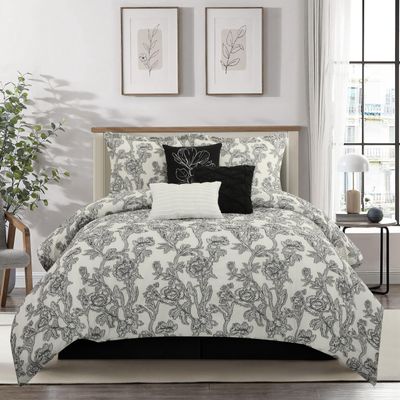 Grand Avenue Black and White Comforter Set Queen Size, 7 Piece Clip Jacquard Floral Bedding Set, All Season Comforters, Bedskirt, Pillows & Shams