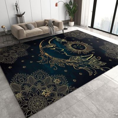 ELLECO Black Gold Star Moon Mandala Area Rugs, Boho Sun Moon and Stars Indoor Non-Slip Kids Rug, Upholstery Rug with Non-Slip Backing for Kids Boys Girls Bedroom Living Room Dining Room Study 5ftx8ft